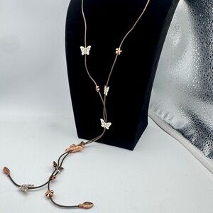 Boho Mixed Metal Butterfly Bird Lariat Necklace Brown Cord Nature Whimsical 36in